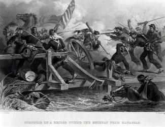 Kamp på en bro under reträtten från Manassas, juli 1861, graverad av W. Ridgway, 1862